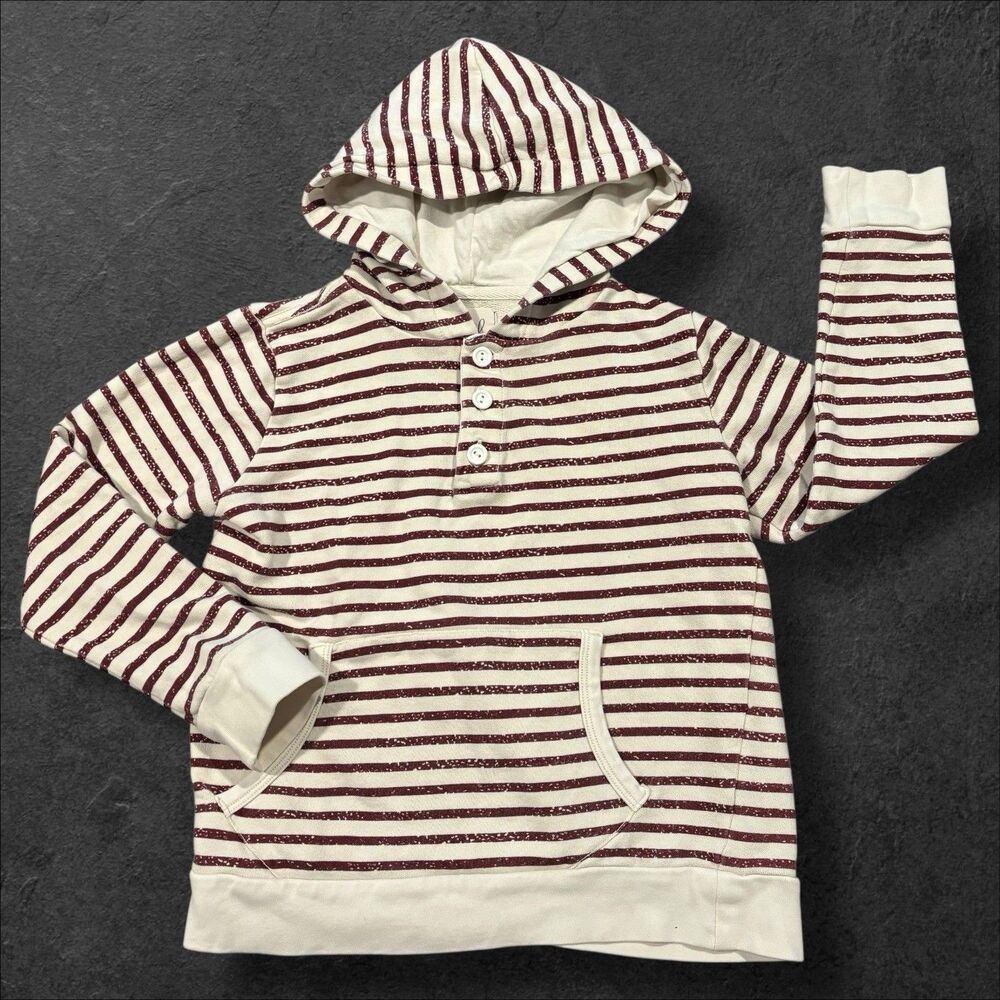 Peek Girls Striped Hoodie Henley Terry Sweatshirt Burgundy Cream Cotton M 6-7